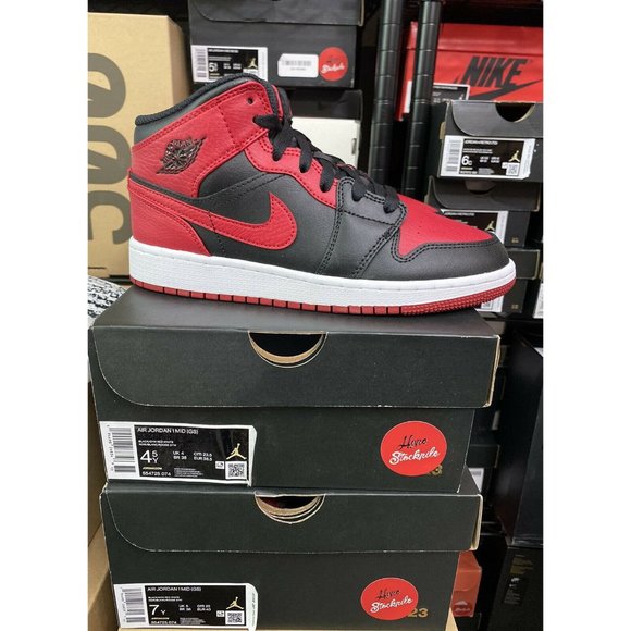 Nike Air Jordan 1 Mid Banned Black Red Retro Shoes 554725-074 GS Youth Sizes
